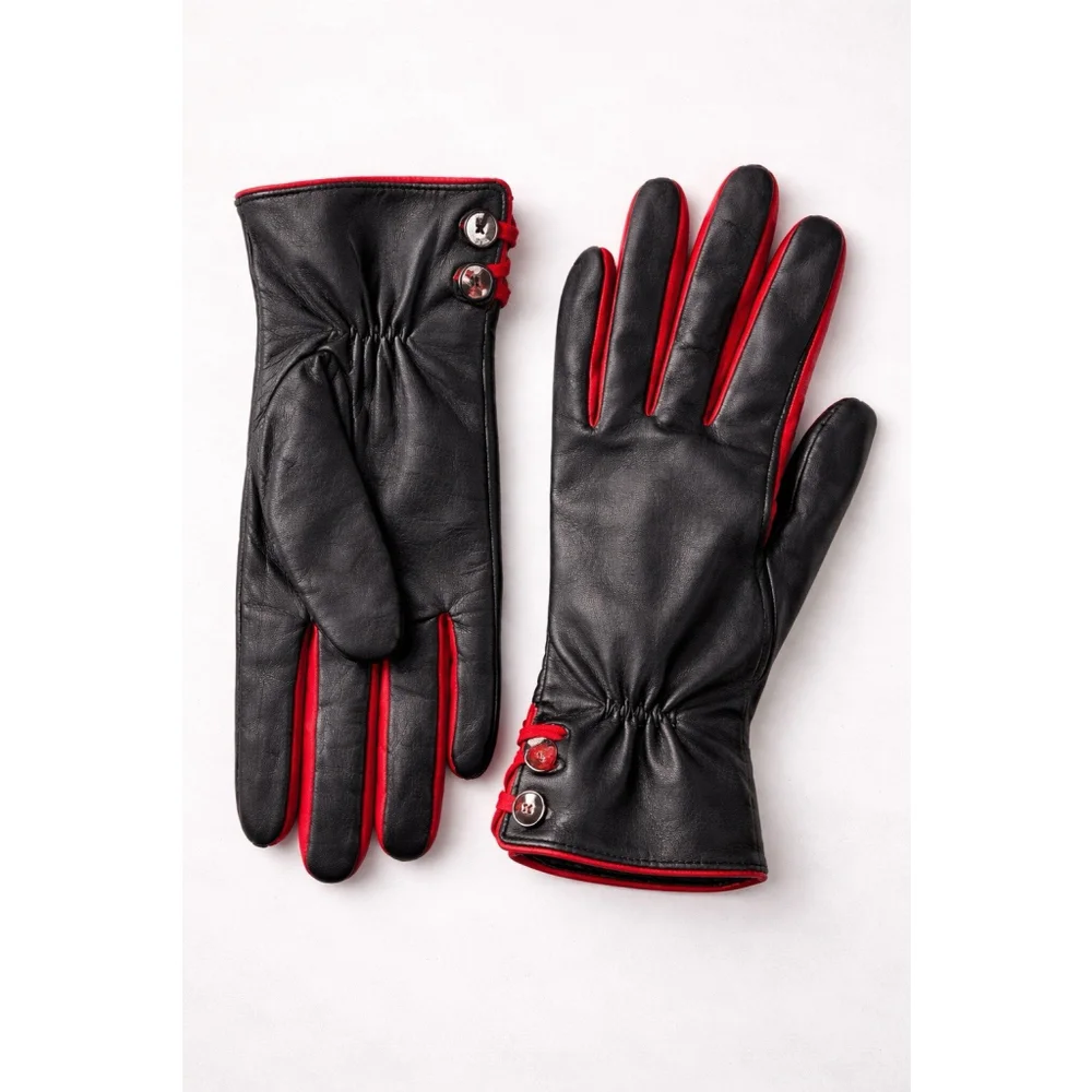 Ralph Lauren Black Leather Gloves Red Trim Button Detail Women One Size